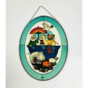 Vintage Noah's Ark Sun Catcher Stained Glass Hand Painted Oval Frame 9"